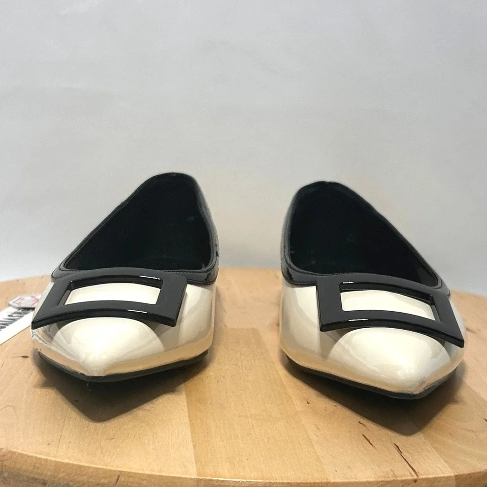 JF Women's Cream Black Patent Leather Slip On Pointed Toe Ballet Flats NWOB - 7